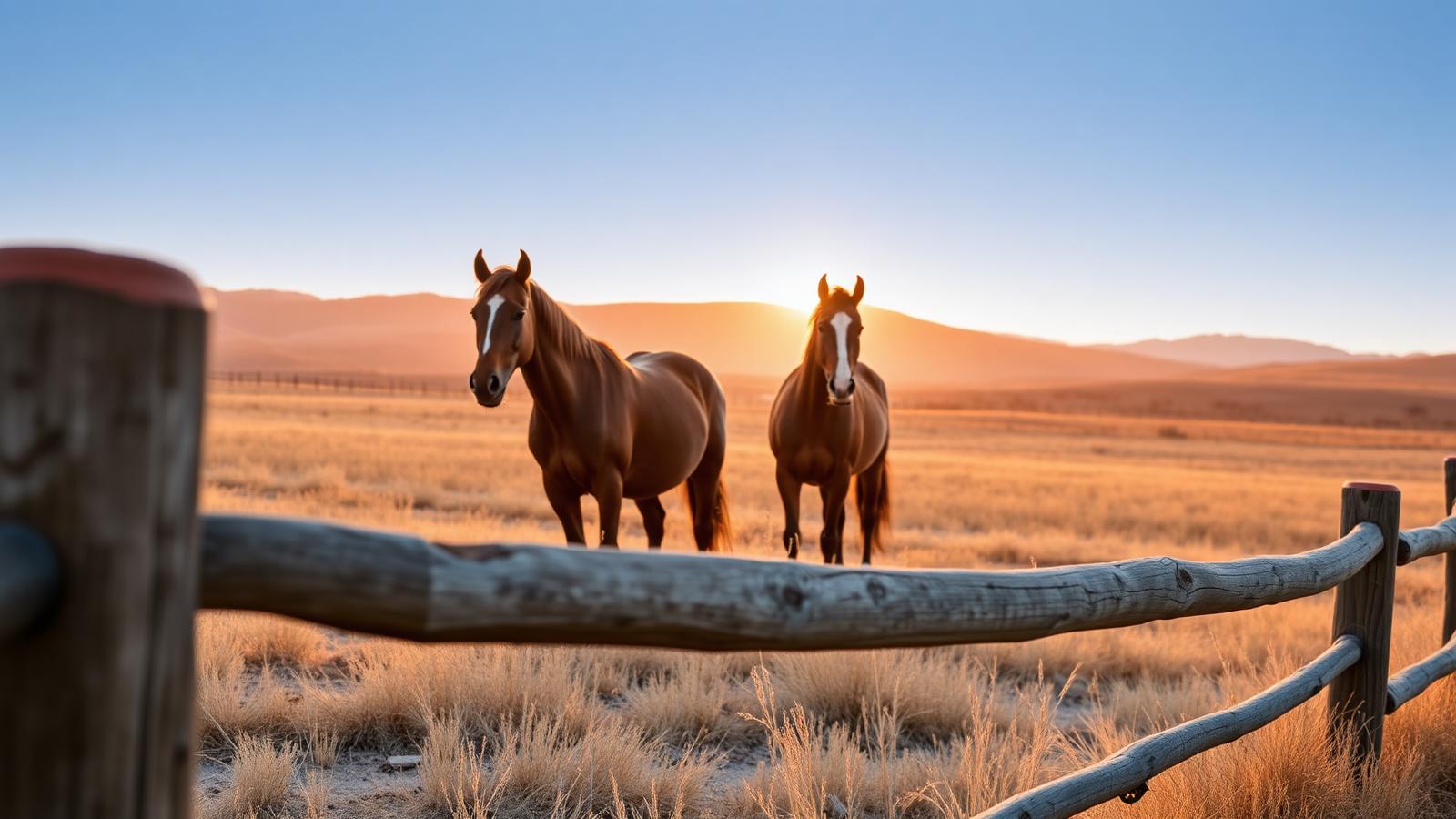 Quarter horses at golden hour on the ranch